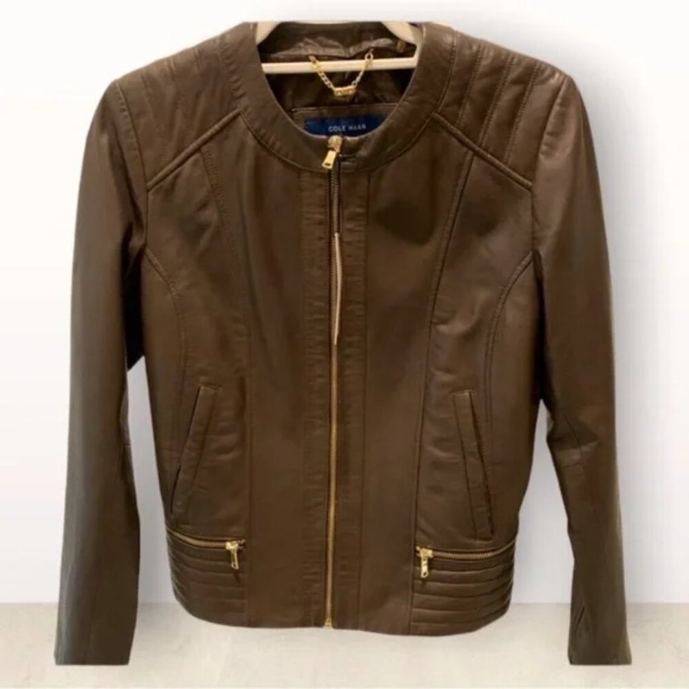 𝅺❣️BROWN Leather Jacket by Cole Haan Sz S NWT